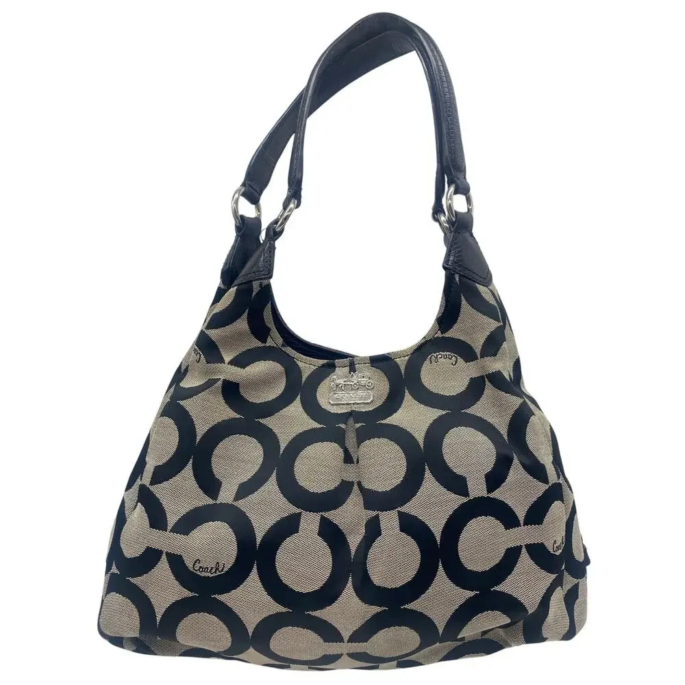 Coach Gray Black Madison Op Art Maggie Shoulder Bag Y2K Jacquard Leather Retro
